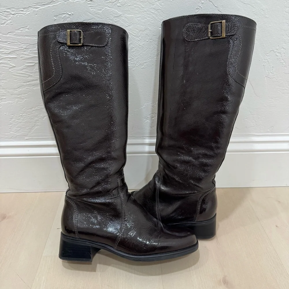 La CANADIENNE Laney Knee Boots Women's 6.5 Patent Dark Brown Waterproof Leather